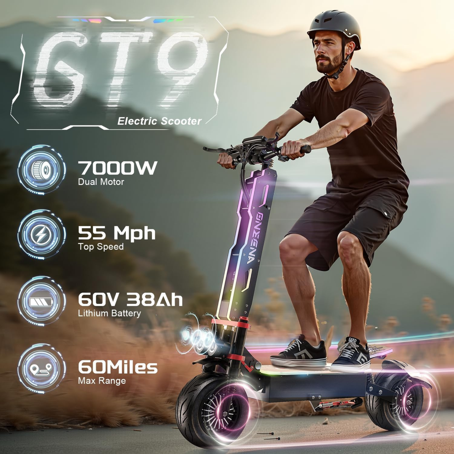 Dual Motor Electric Scooter – 50-55 MPH, 60-70 Mile Range, 5600W/7000W, Dual Suspension, Seat