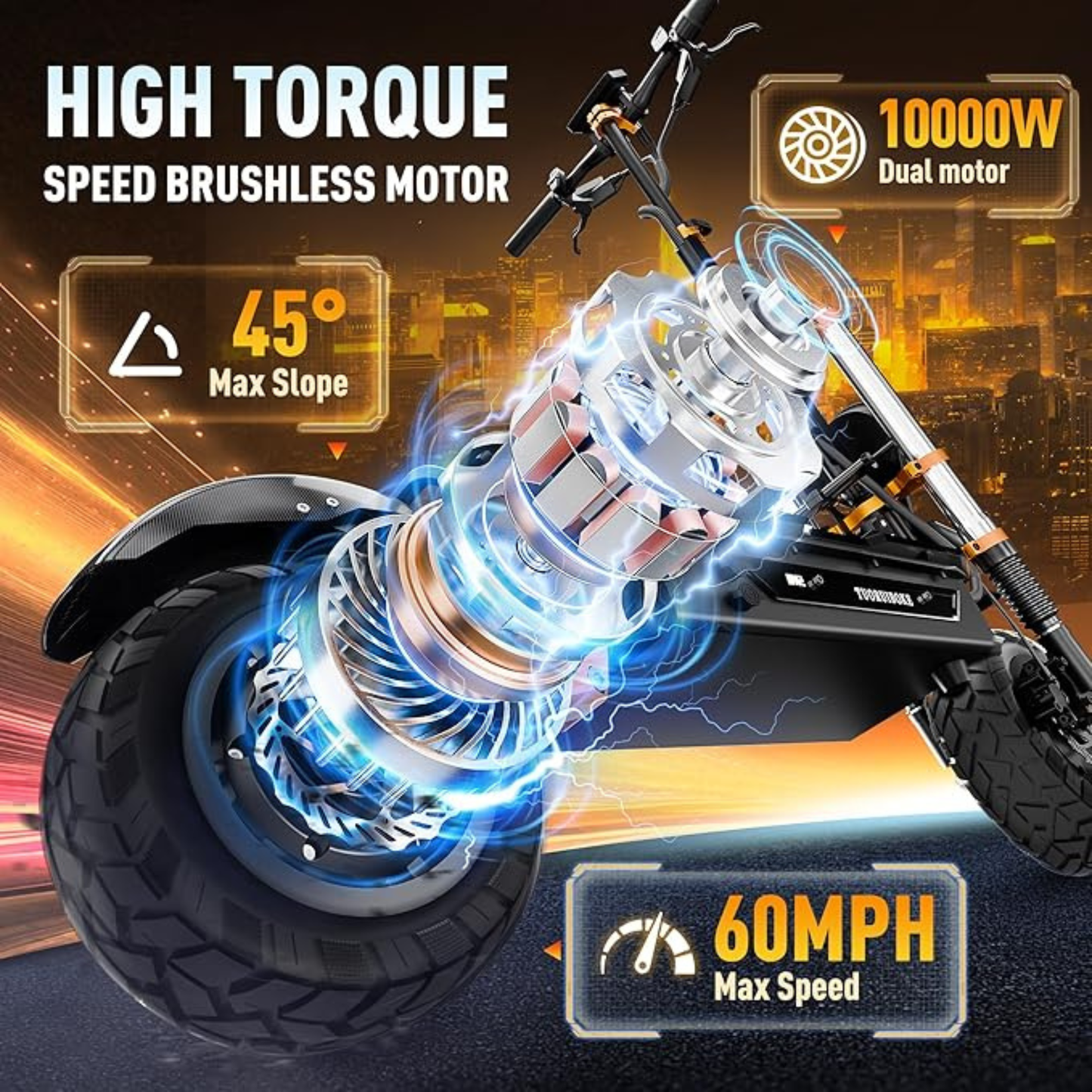 72V Dual Motor Electric Scooter – 60 MPH, 70 Mile Range, 10000W, NFC Unlock, All-Terrain