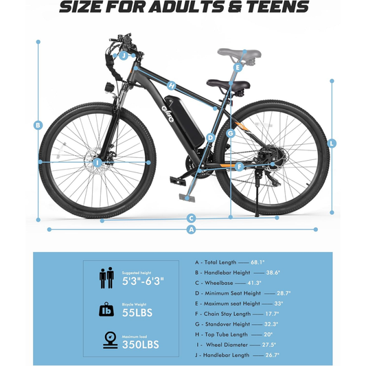 Qlife Racer Electric Bike – 28 MPH, 55 Mile Range, 1200W Peak, 27.5" Mountain, 21-Speed