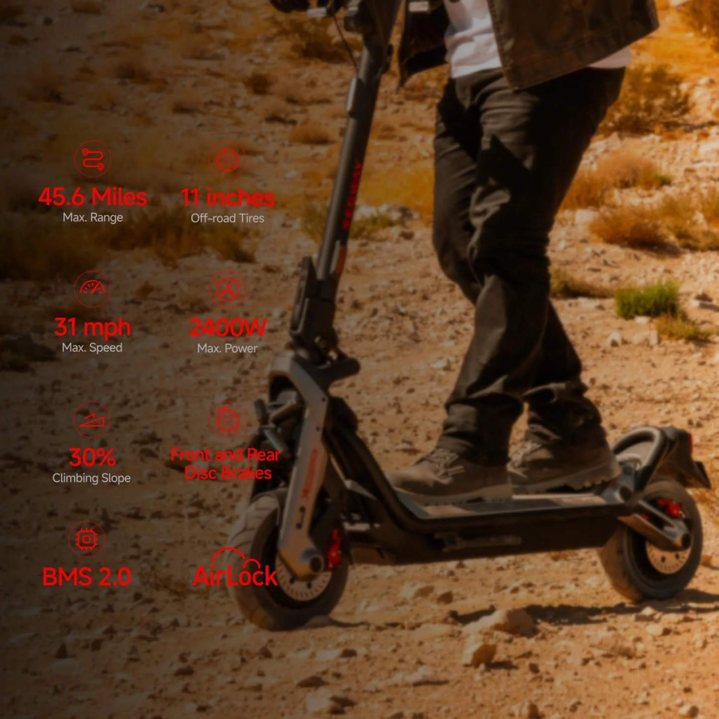 Segway GT3 Electric Scooter – 31 MPH, 45 Mile Range, 2400W, Dual Suspension, Fast Charge