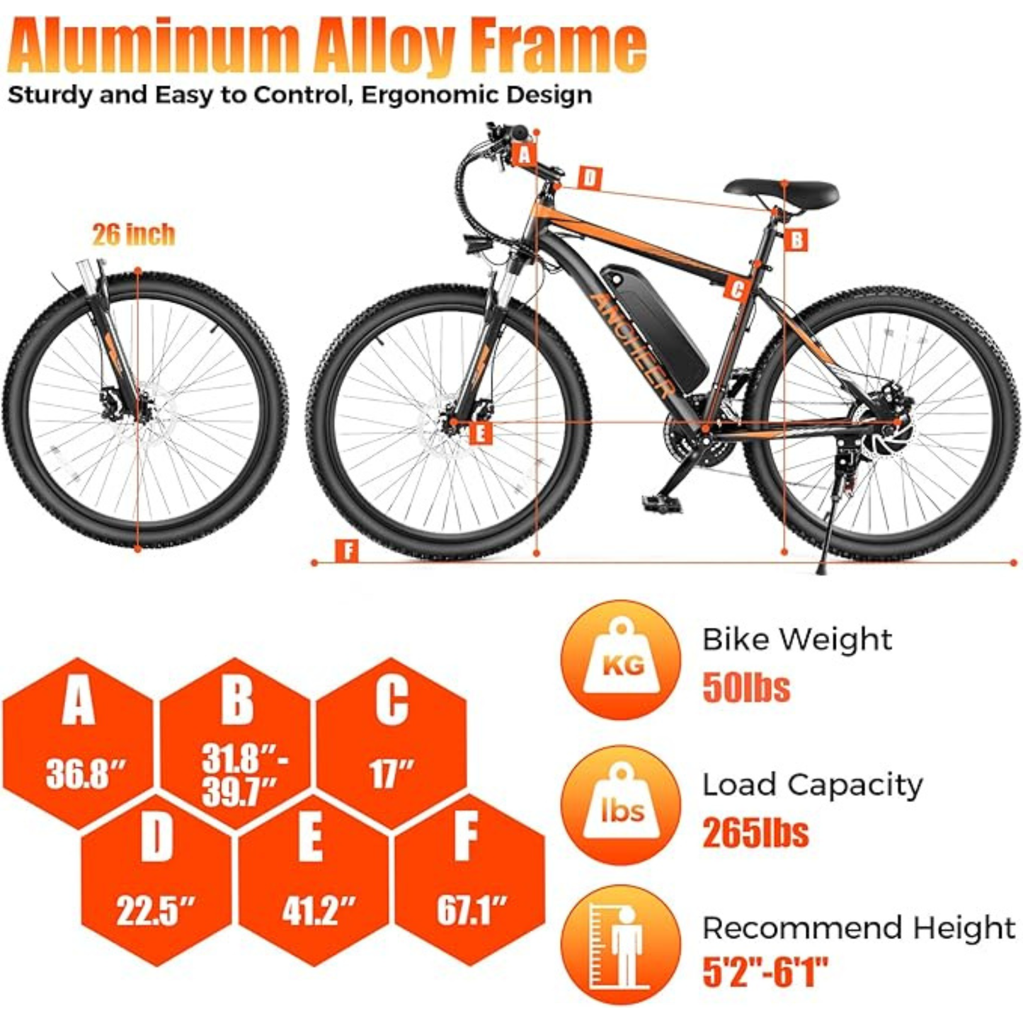 ANCHEER Sunshine Electric Bike – 55 Mile Range, 750W Peak, 26" Mountain, 21-Speed, Suspension