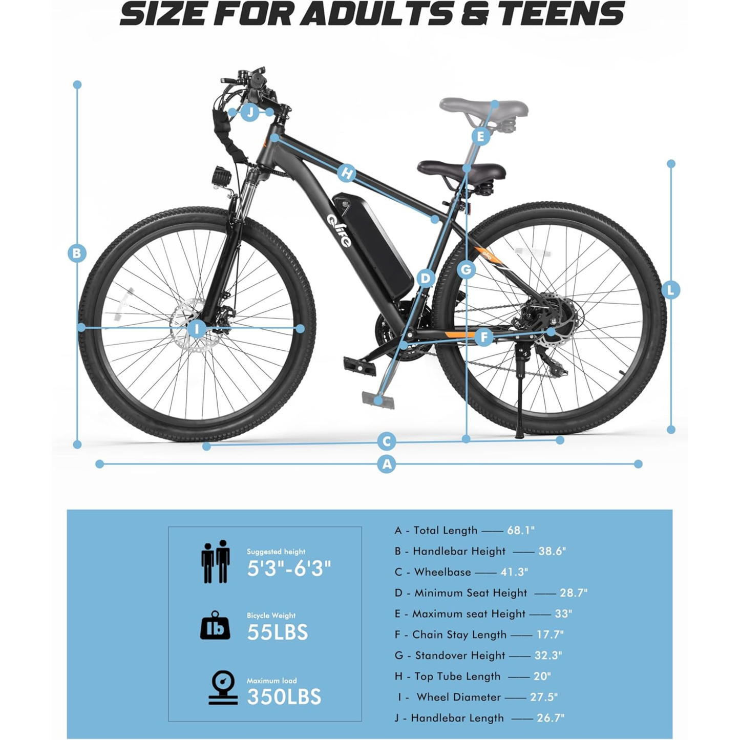 Qlife Racer Electric Bike – 28 MPH, 55 Mile Range, 1200W Peak, 27.5" Mountain, 21-Speed